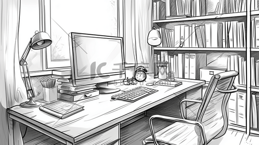 素描电脑插画图片_黑白色素描简约书房书桌电脑用品插画14