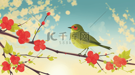 树枝上小鸟插画图片_手绘彩色春天树枝上小鸟的插画12