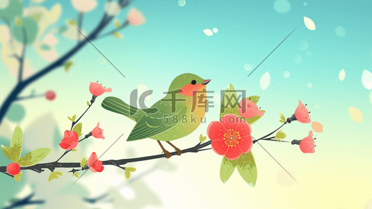 手绘彩色春天树枝上小鸟的插画4