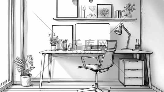 白色简约简约插画图片_黑白色素描简约书房书桌电脑用品插画17