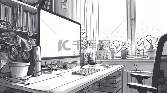 黑白素描插画图片_黑白色素描简约书房书桌电脑用品插画3