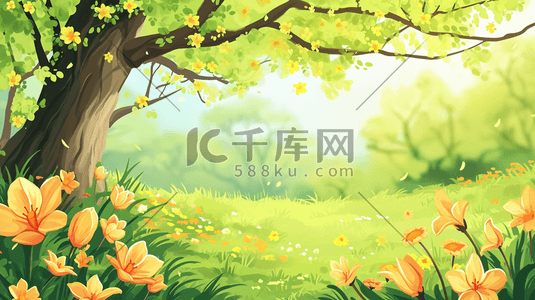 开花的树木插画图片_春天公园里树木花草开花的插画4