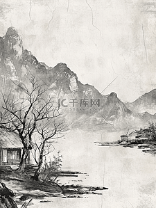 国画艺术黑白色山水风景插画15