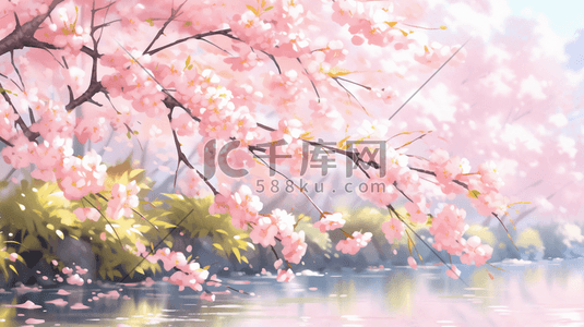 春天粉红色浪漫唯美树木开花的插画11