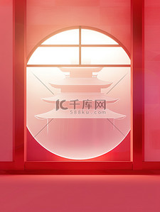 简约风红色插画图片_简约中国风古建筑插画海报