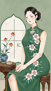 民国穿旗袍的优雅女性插画25