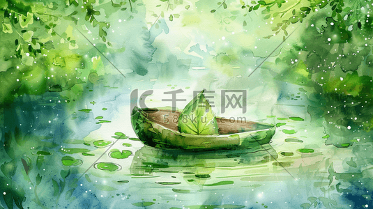 水面上的小船插画图片_春季绿色河面上小船上有树叶的插画6