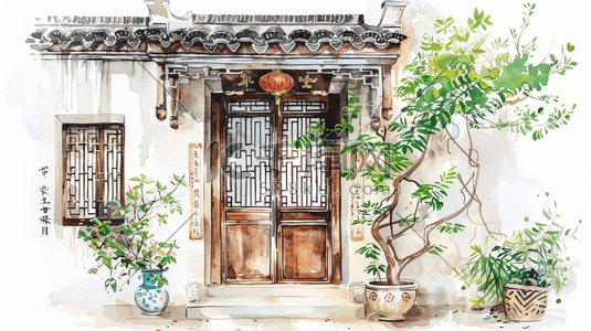 中式手绘国风庭院建筑灯笼的插画12