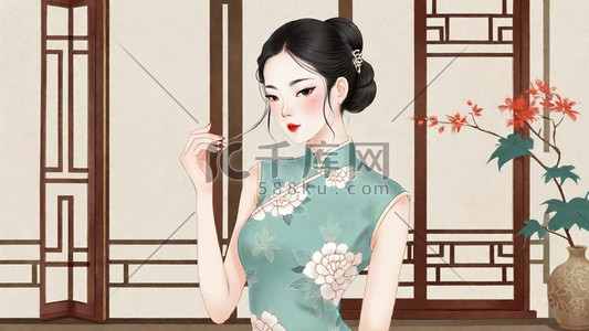 妇女节插画图片_妇女节民国穿旗袍的优雅女性插画17