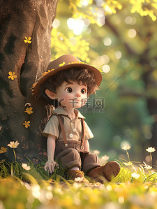春天的叶子插画图片_小男孩坐在春天的森林里图片