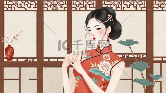 妇女节民国穿旗袍的优雅女性插画4