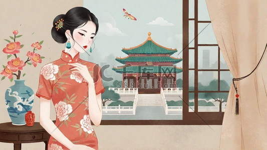 妇女节民国穿旗袍的优雅女性插画15