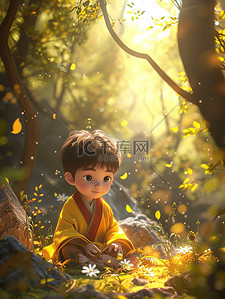 小男孩坐在春天的森林里插画