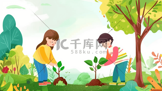 绿色环保卡通背景插画图片_卡通绿色植树节山坡上种树的孩子们插画海报