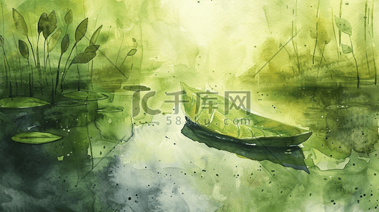 绿色的小树叶插画图片_春季绿色河面上小船上有树叶的插画7