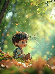 小男孩坐在春天的森林里插画海报