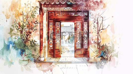 中式手绘国风庭院建筑灯笼的插画4