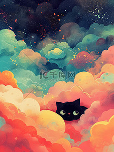 彩云插画图片_藏在彩云中的小黑猫插画海报