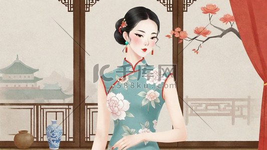 妇女节民国穿旗袍的优雅女性插画14