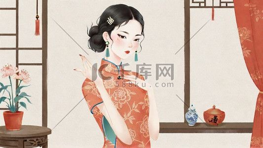妇女节民国穿旗袍的优雅女性插画13