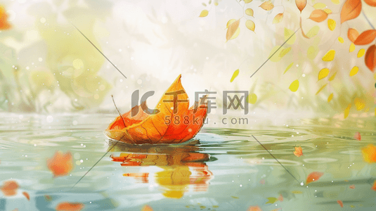 绿色的小树叶插画图片_春季绿色河面上小船上有树叶的插画8