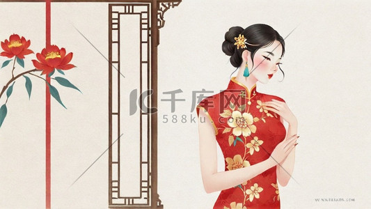 妇女节民国穿旗袍的优雅女性插画