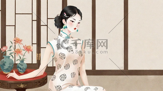 妇女节插画图片_妇女节民国穿旗袍的优雅女性插画8