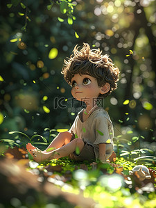 小男孩坐在春天的森林里原创插画