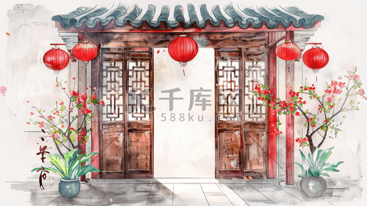 中式手绘国风庭院建筑灯笼的插画8