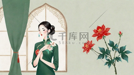 妇女节插画图片_妇女节民国穿旗袍的优雅女性插画18