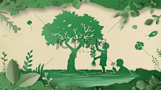 植树节插画图片_剪纸风绿色植树节素材