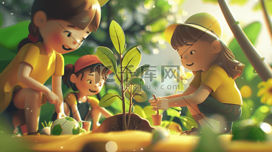 卡通绿色植树节山坡上种树的孩子们素材