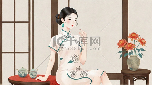 妇女节插画图片_妇女节民国穿旗袍的优雅女性插画11
