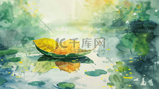 绿色的小树叶插画图片_春季绿色河面上小船上有树叶的插画2