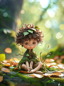 春天的叶子插画图片_小男孩坐在春天的森林里插画素材