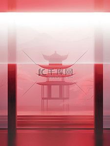 简约风红色插画图片_简约中国风古建筑素材