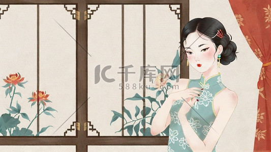 妇女节插画图片_妇女节民国穿旗袍的优雅女性插画10