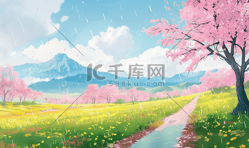 青草白云插画图片_宫崎骏风格治愈风景原创插画