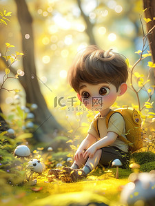 小男孩坐在春天的森林里矢量插画
