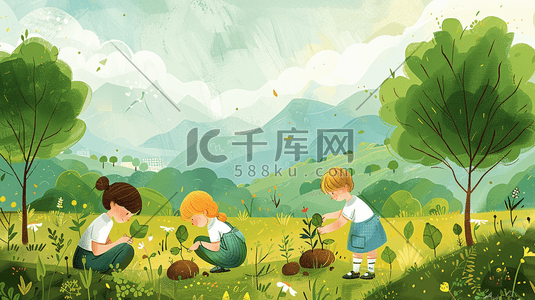 原创插画图片_卡通绿色植树节山坡上种树的孩子们原创插画