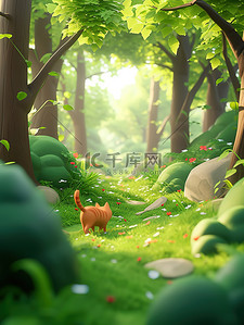 春天森林中的小猫咪原创插画