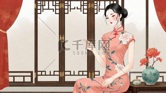 妇女节民国穿旗袍的优雅女性插画9