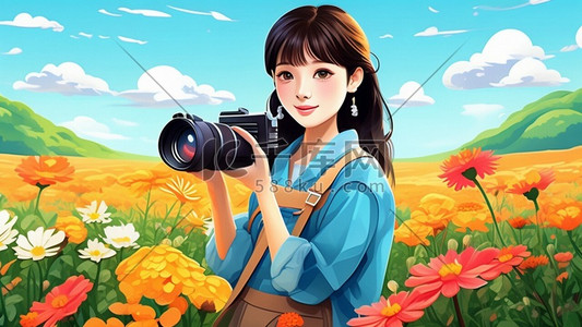 相机插画图片_卡通矢量少女手持相机图片