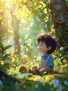 春天的叶子插画图片_小男孩坐在春天的森林里插画海报