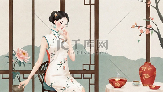 妇女节插画图片_妇女节民国穿旗袍的优雅女性插画5