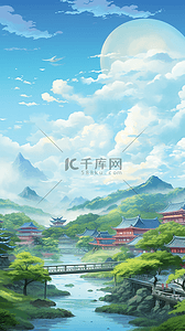 水彩蓝粉色春天景深园林山水插画图片