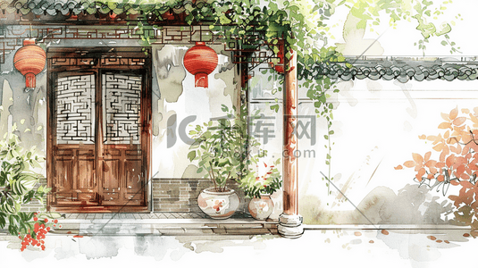 中式手绘国风庭院建筑灯笼的插画5
