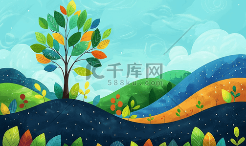 彩色扁平背景插画图片_植树节彩色治愈插画背景