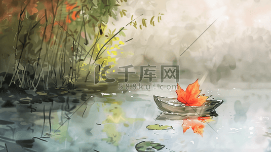 春季绿色河面上小船上有树叶的插画3
