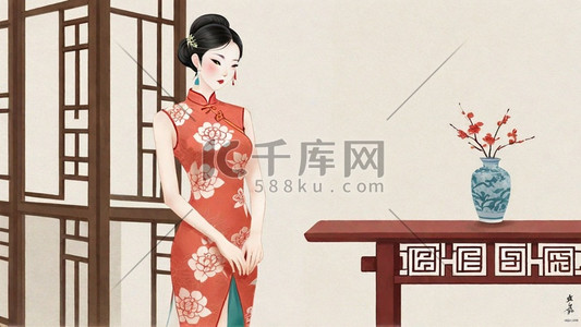 妇女节插画图片_妇女节民国穿旗袍的优雅女性插画16